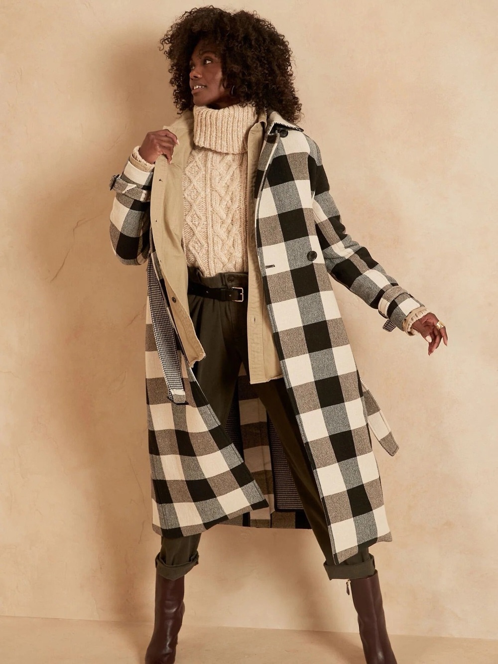 Banana Republic Black & Cream Checked Trench Coat